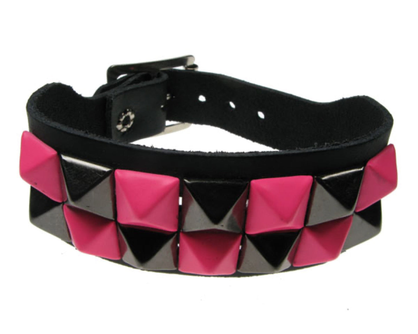 WB086 2 Row Small Pink and Black Pyramid Leather Wristband - Black