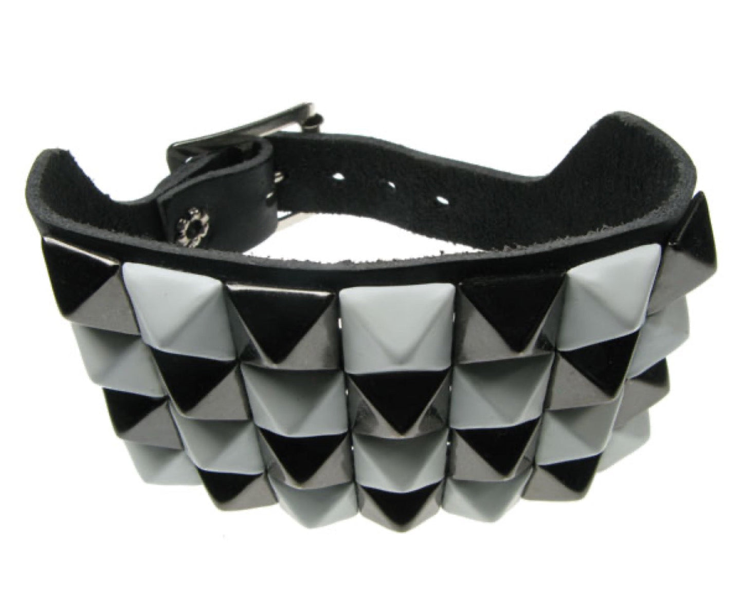 WB092 4 Row Small White and Black Pyramid Leather Wristband - Black