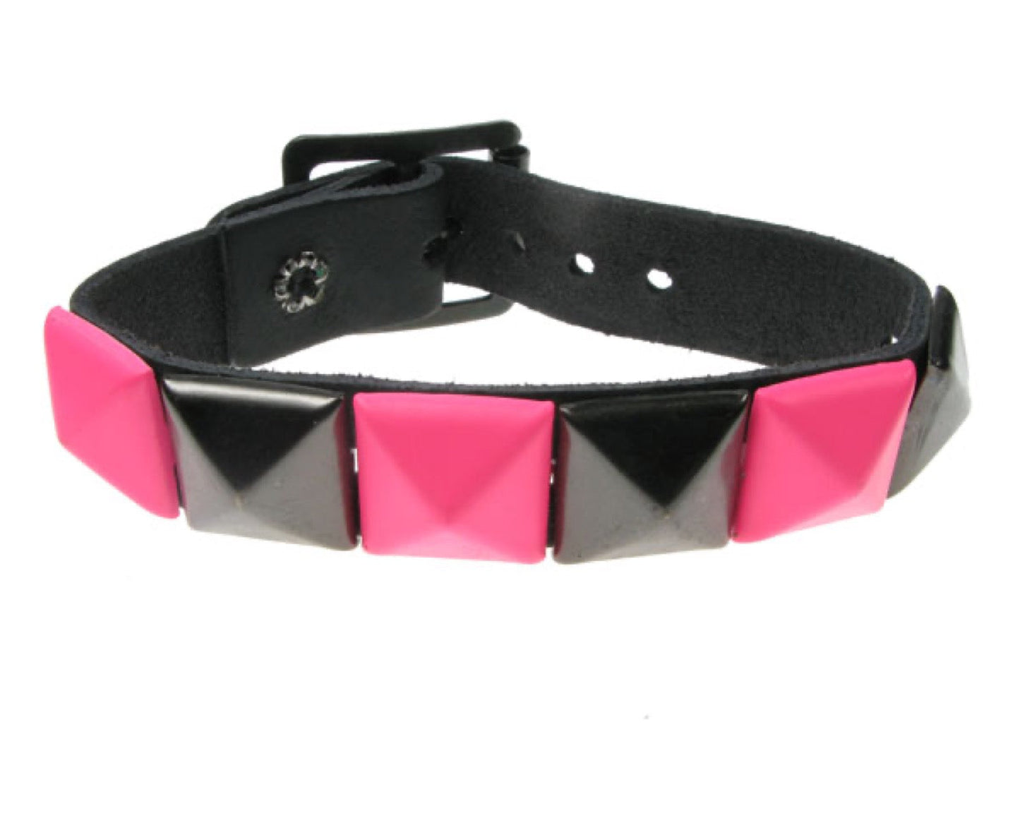 WB093 1 Row Pink and Black Pyramid Leather Wristband - Black