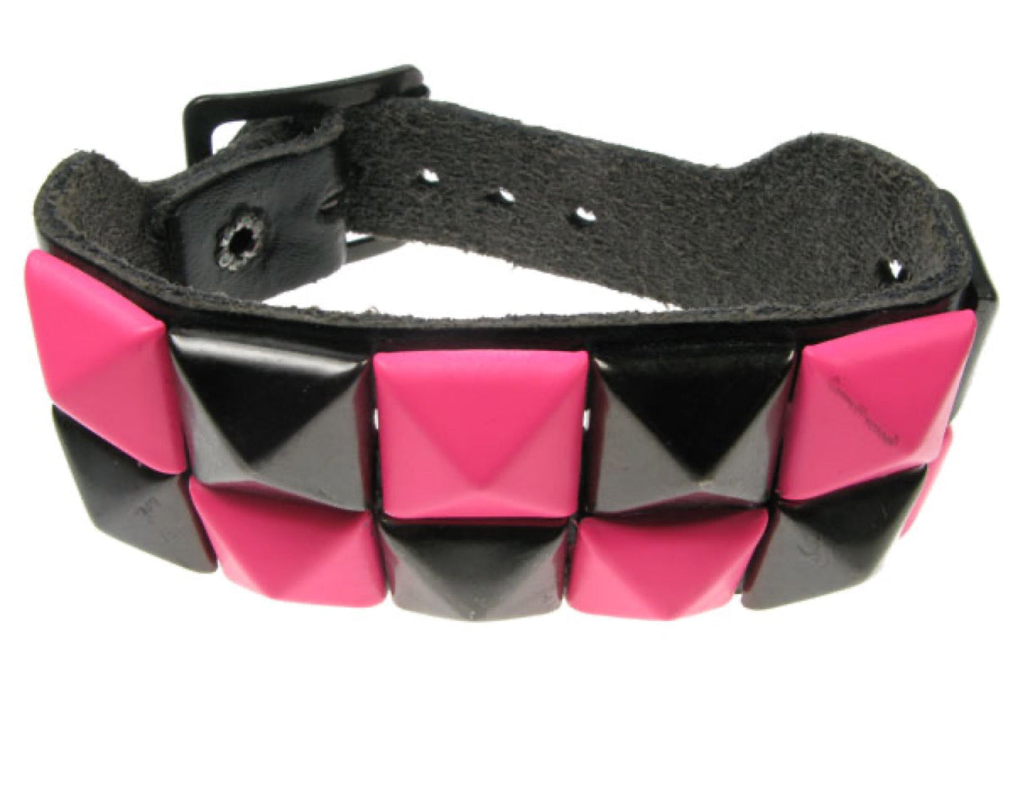 WB094 2 Row Pink and Black Pyramid Leather Wristband - Black