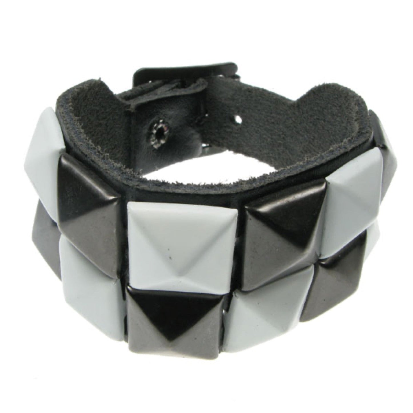 WB096 2 Row White and Black Pyramid Leather Wristband - Black