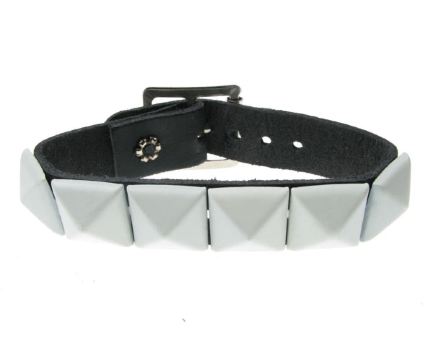 WB097 1 Row White Pyramid Leather Wristband - Black