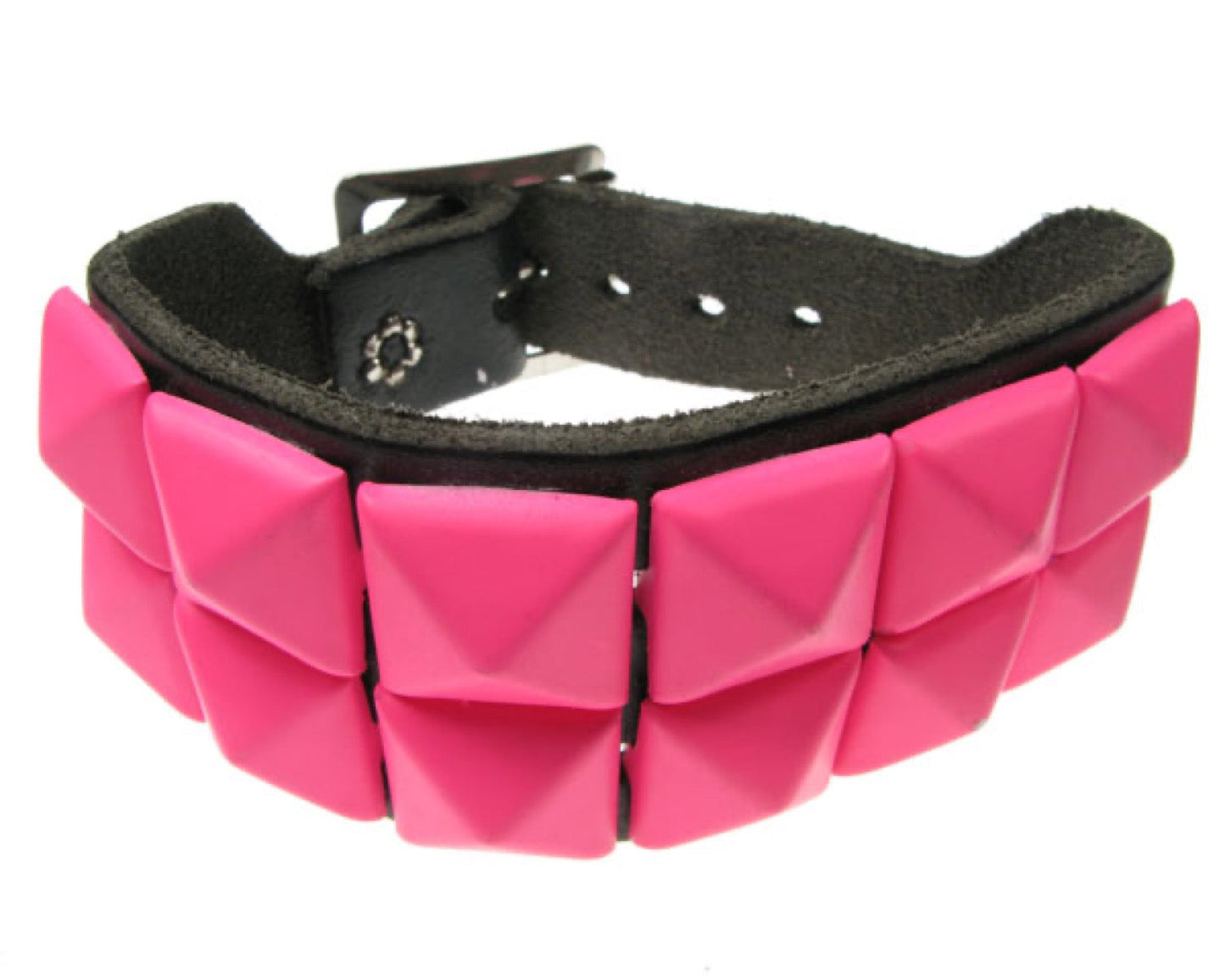 WB099 2 Row Pink Pyramid Leather Wristband - Black