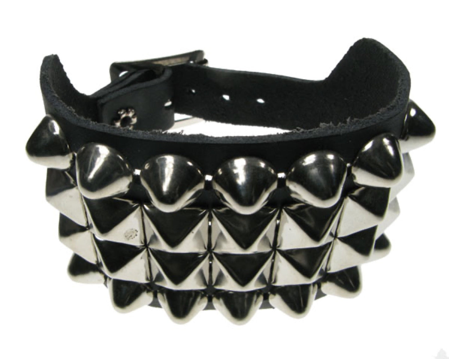 WB108 4 Row width 2 Row Dome Conical and 2 Row Small Pyramid Leather Wristband - Black