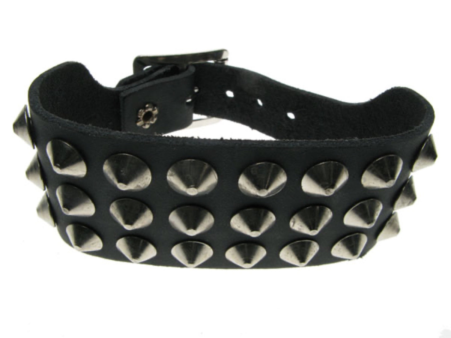 WB111 3 Row Conical Leather Wristband - Black