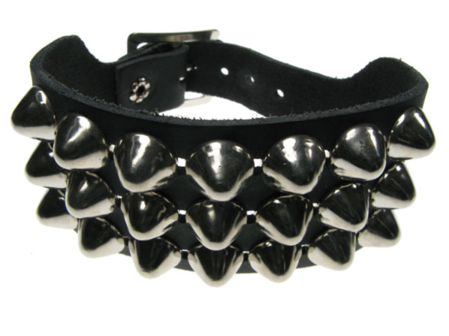 WB115 3 Row Dome Conical Leather Wristband - Black