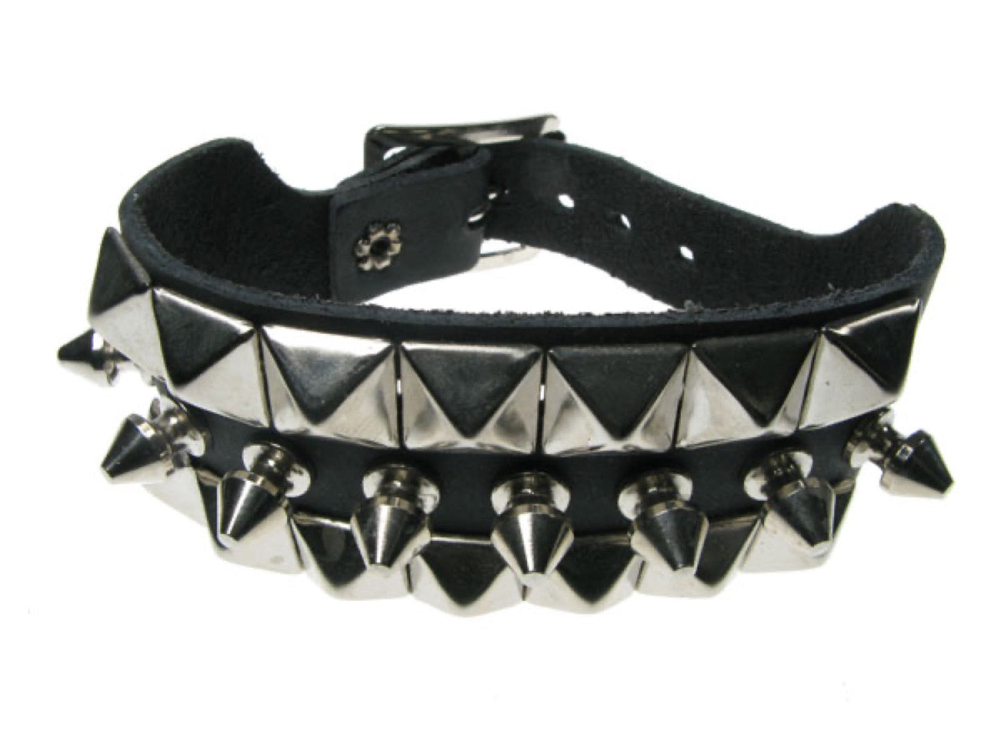 WB117 3 Row width 2 Row Small Pyramid and 1 Row Spike Leather Wristband - Black