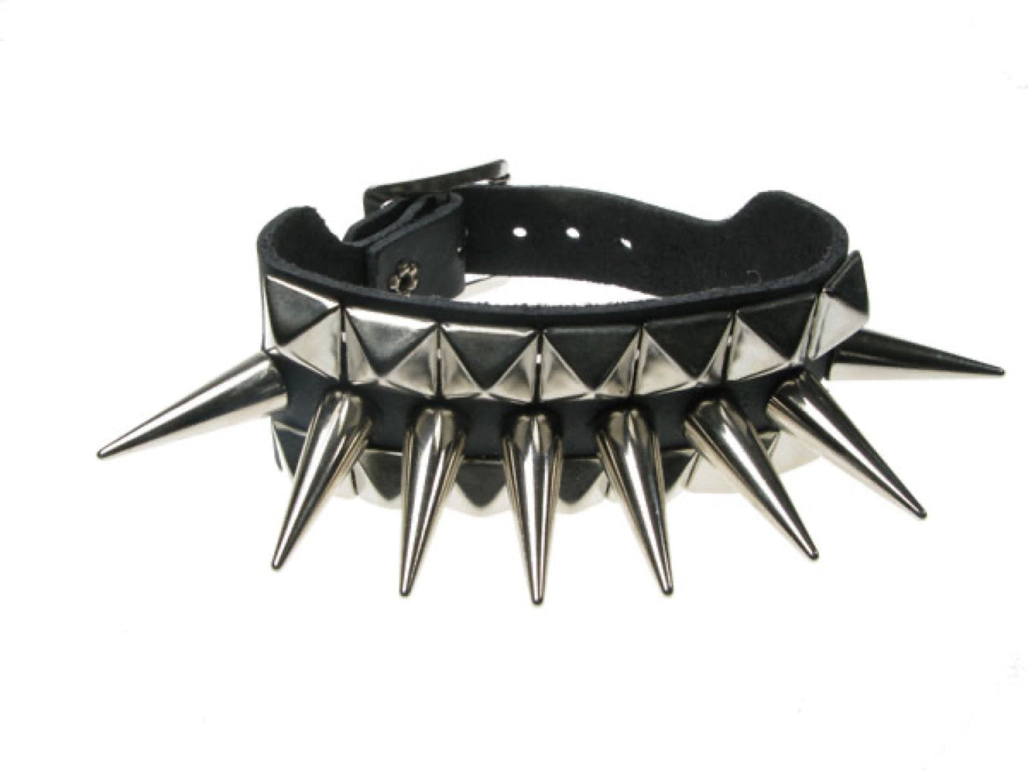 WB120 3 Row width 2 Row Small Pyramid and 1 Row Medium Cone Spike Leather Wristband - Black