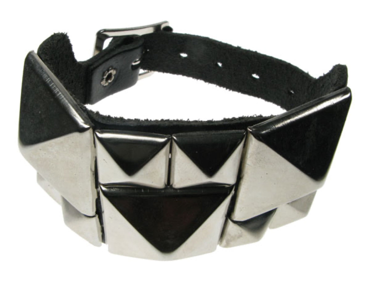 WB124 3 Row width with Large Pyramid and Pyramids Leather Wristband -Black