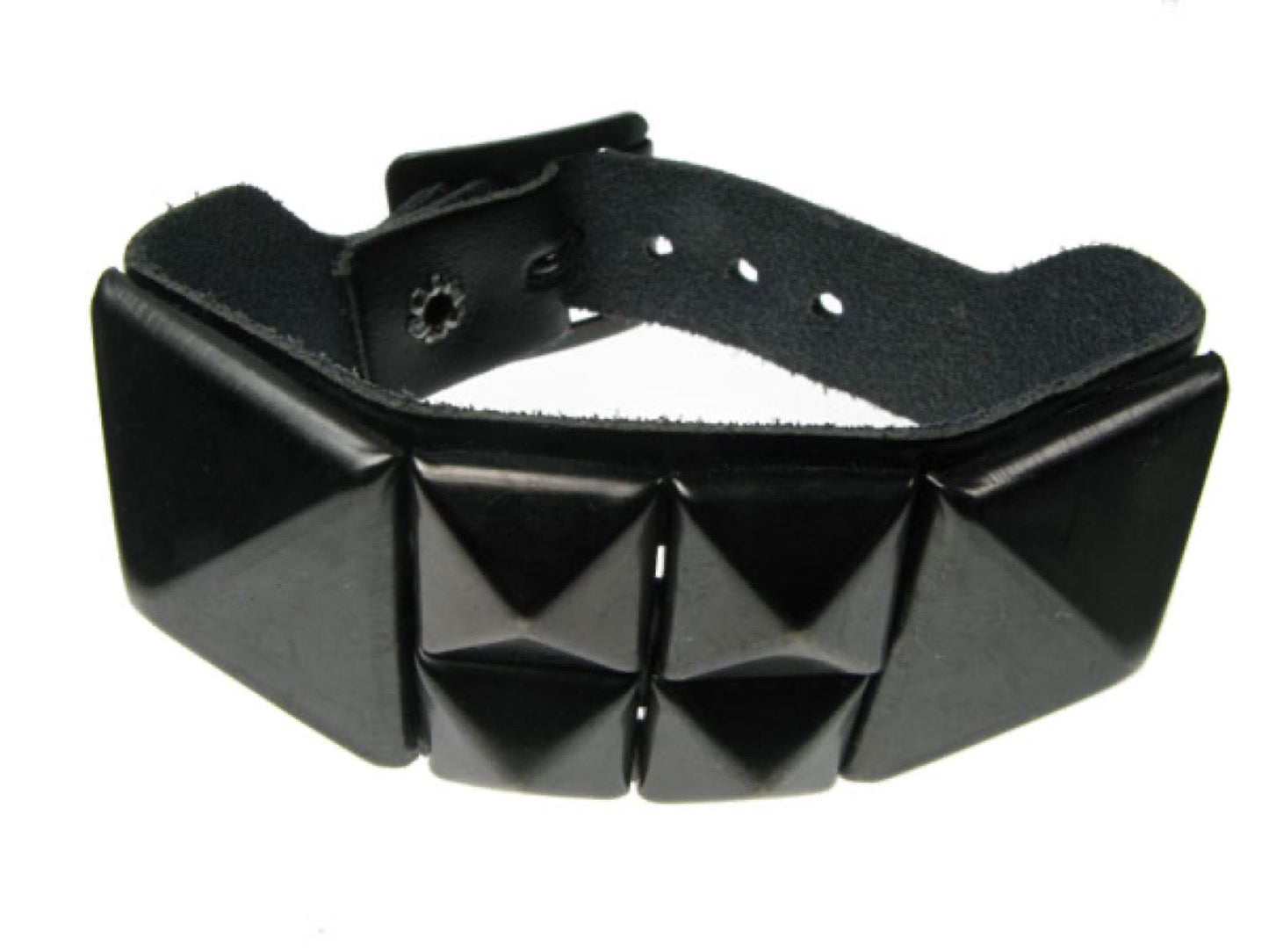 WB126 2 Row width 1 Row Large Black Pyramid with 4 Black Pyramids in Middle Leather Wristband - Black