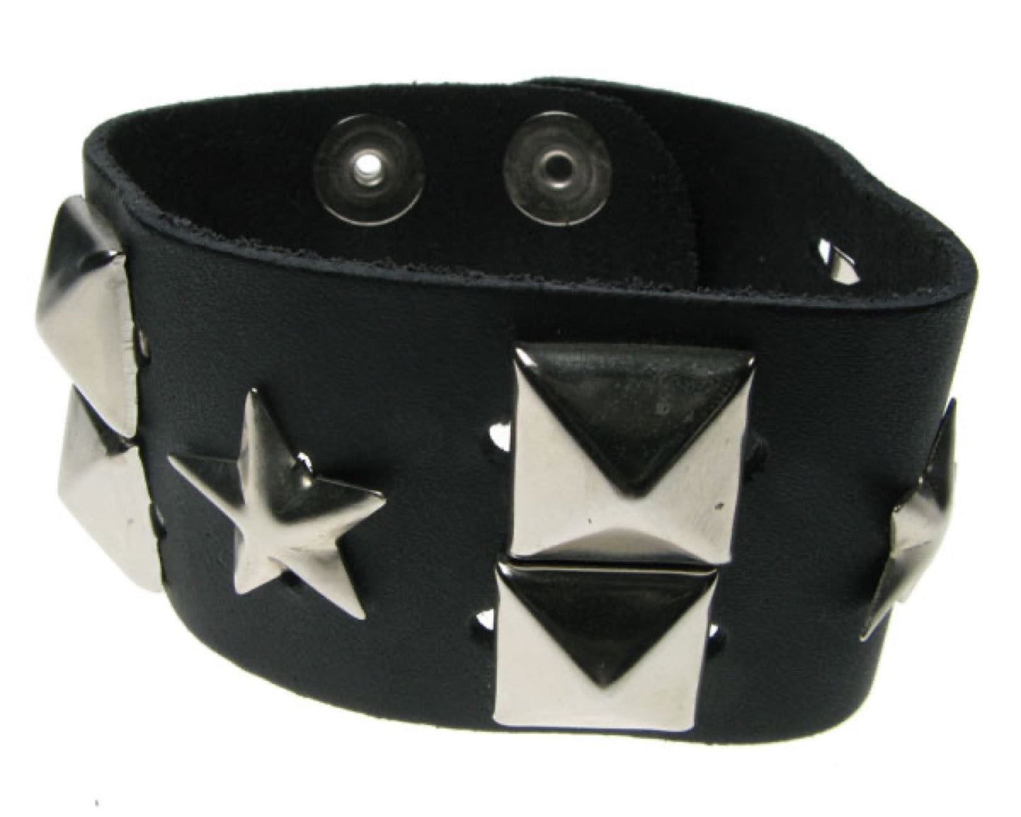 WB129 2 Row width New Pyramid and Star Leather Wristband - Black Buttoned