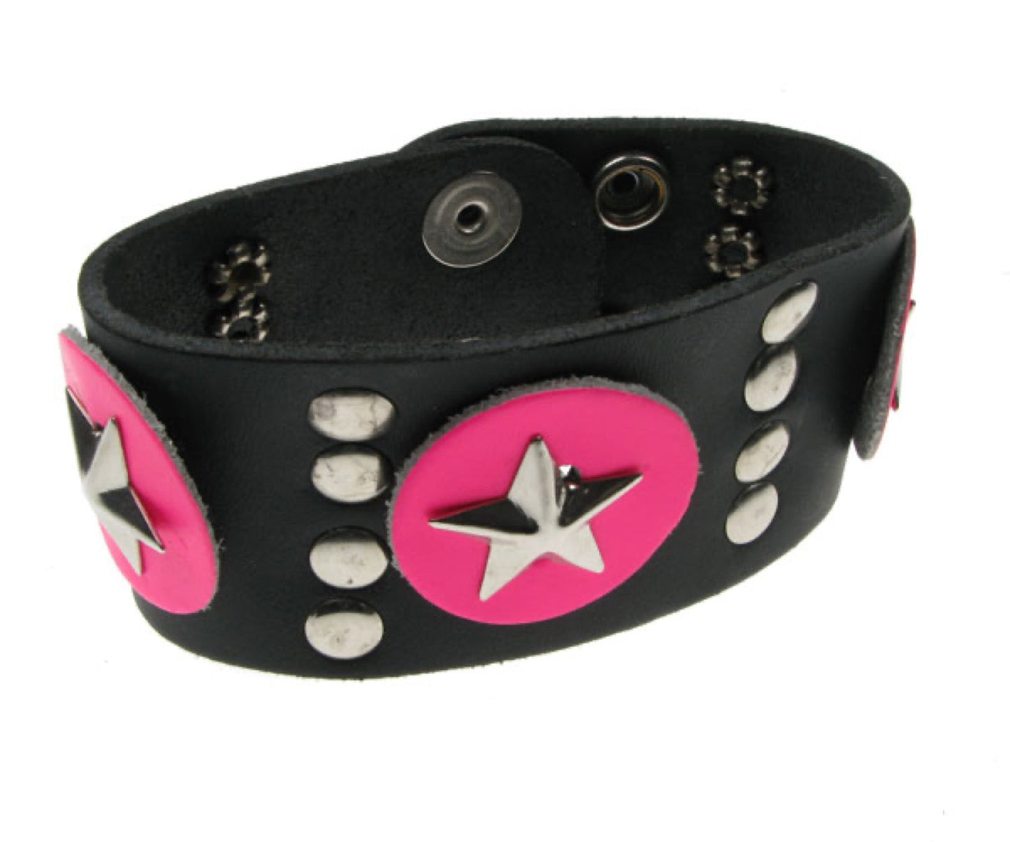 WB130 2 Row Width Leather Circle Panel with Star and 4 Rivet Leather Wristband - Black Buttoned