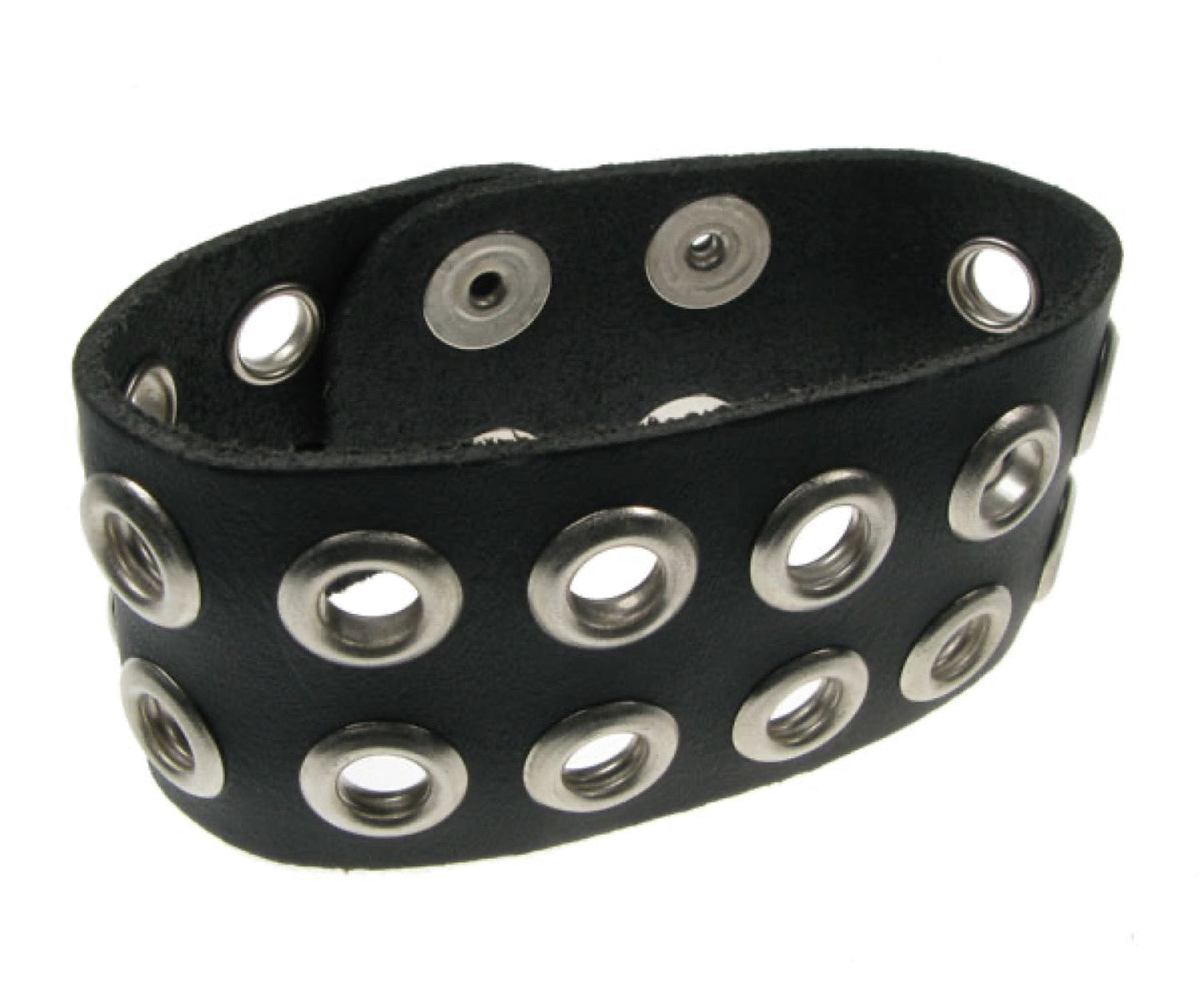 WB131 2 Row Eyelet Leather Wristband - Black Buttoned
