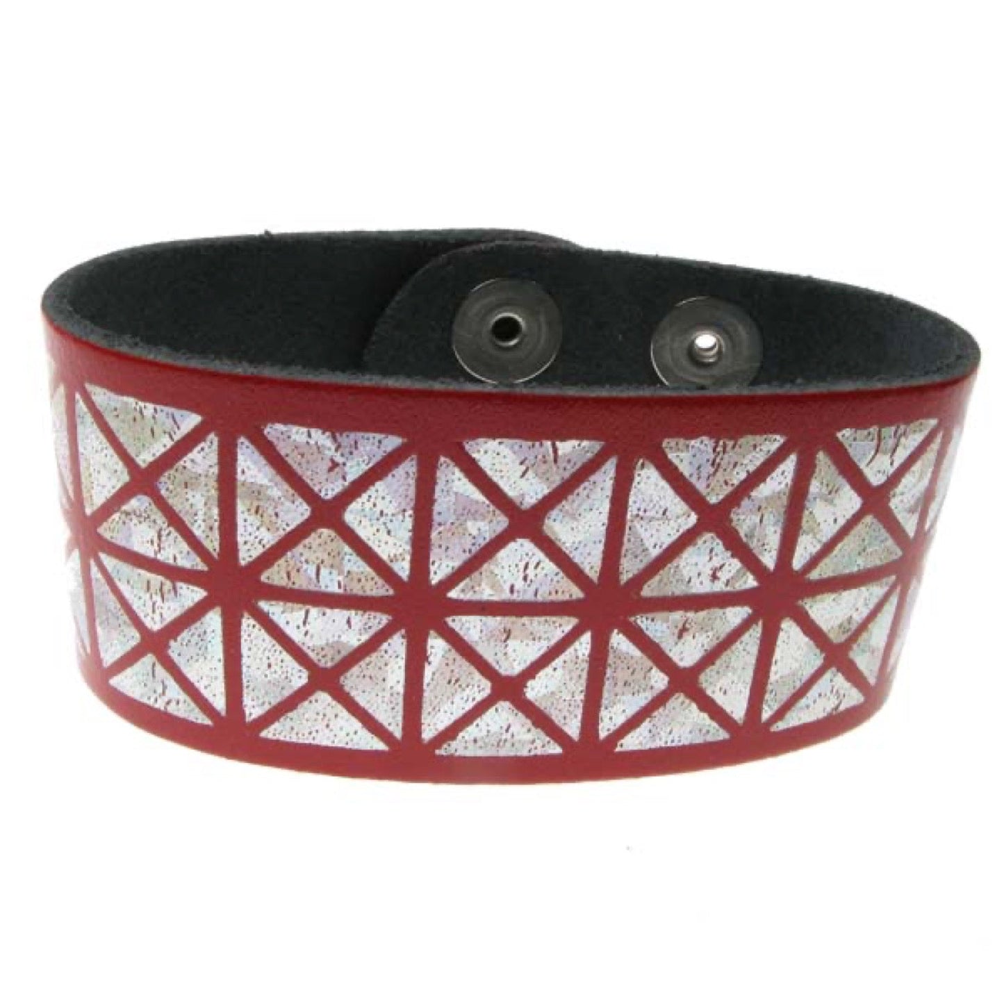WB138B 2 Row width Metallic Silver Pyramid Print Leather Wristband (Buttoned) - Red