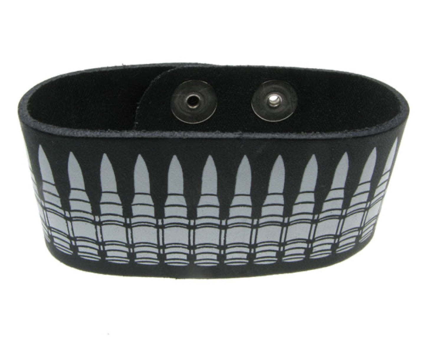 WB147 2 Row Width White Bullet Print Leather Wristband (Buttoned) - Black