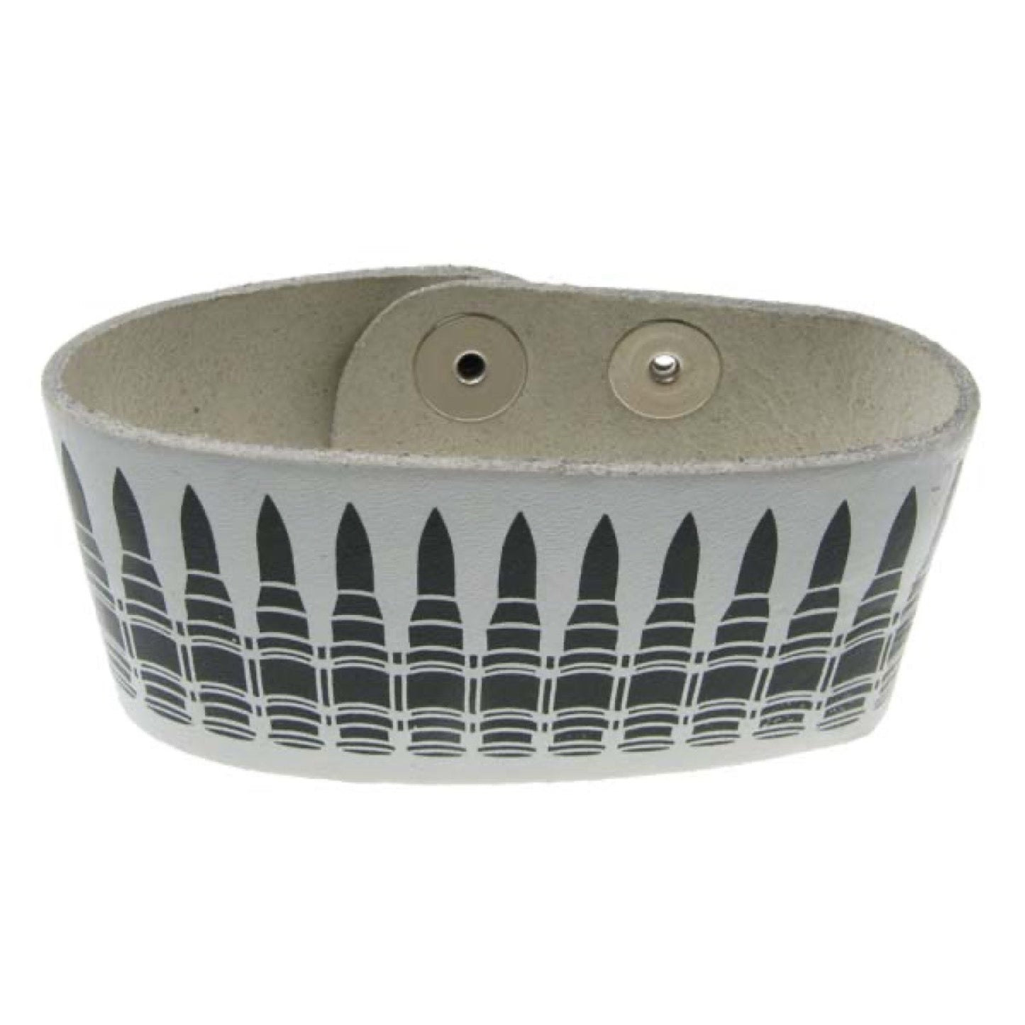 WB147B 2 Row Width Black Bullet Print Leather Wristband (Buttoned) - White