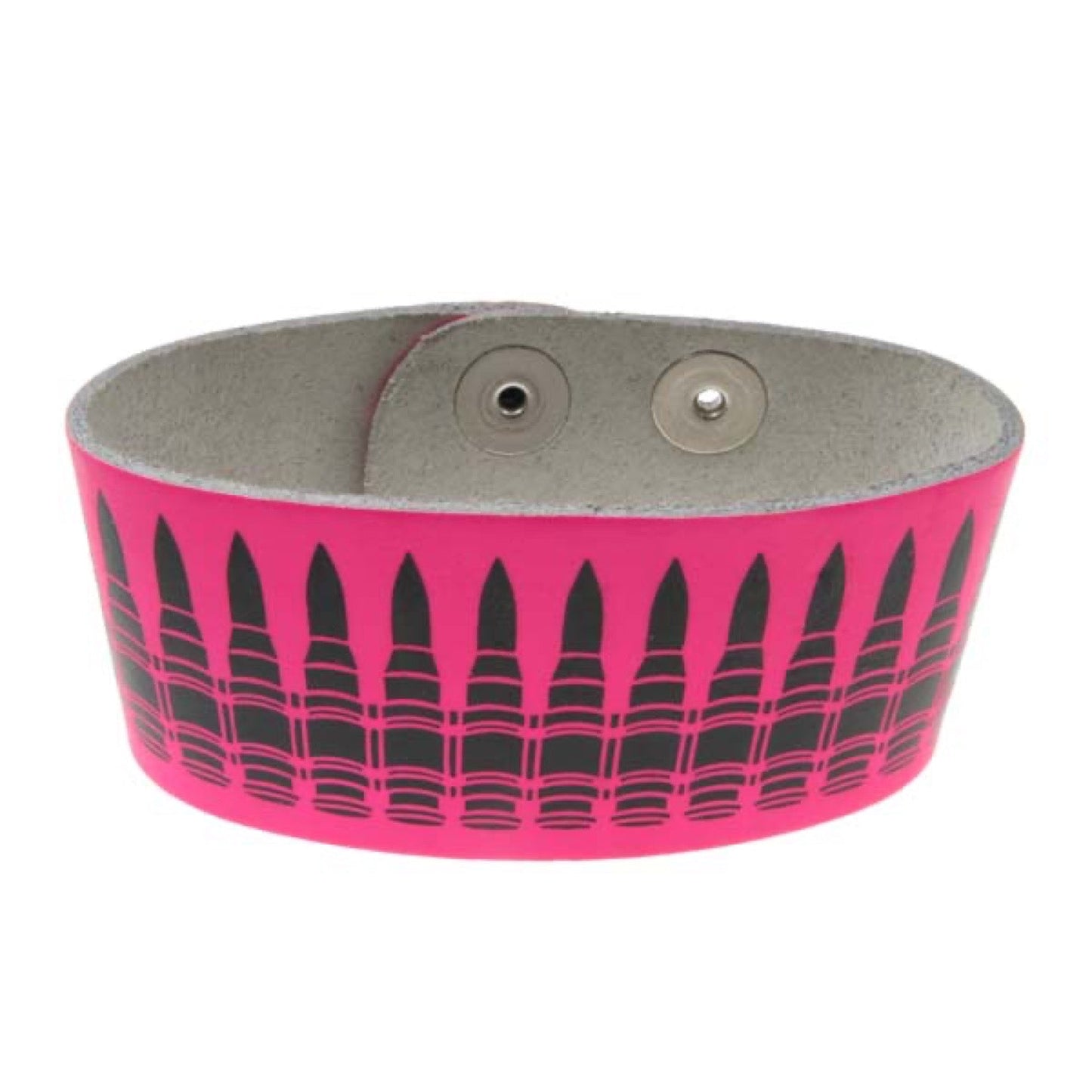 WB147D 2 Row Width Black Bullet Print Leather Wristband (Buttoned) - Fluroscent Pink