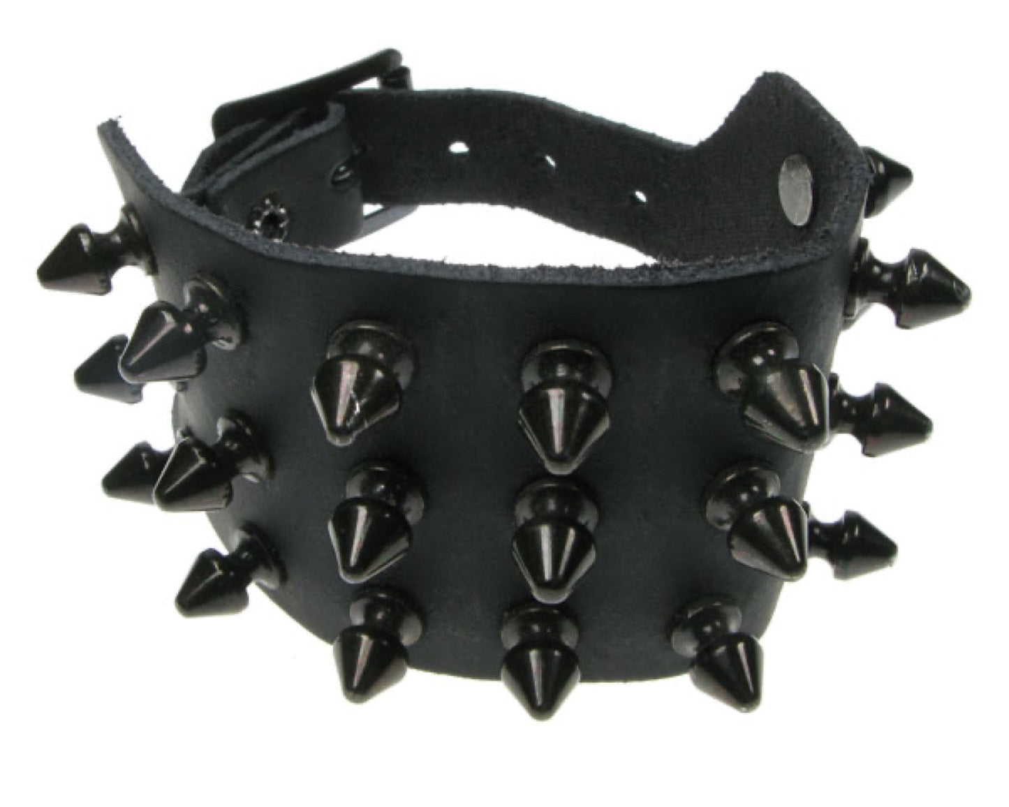 WB150 3 Row Black Spike Leather Wristband - Black