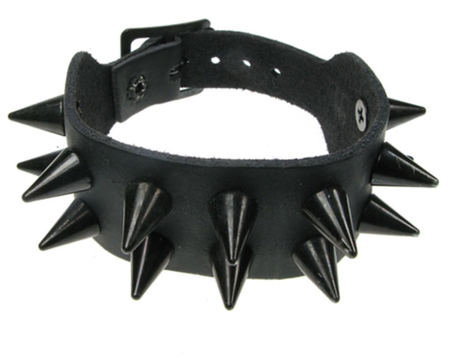 WB152 2 Row Black Cone Spike Leather Wristband - Black