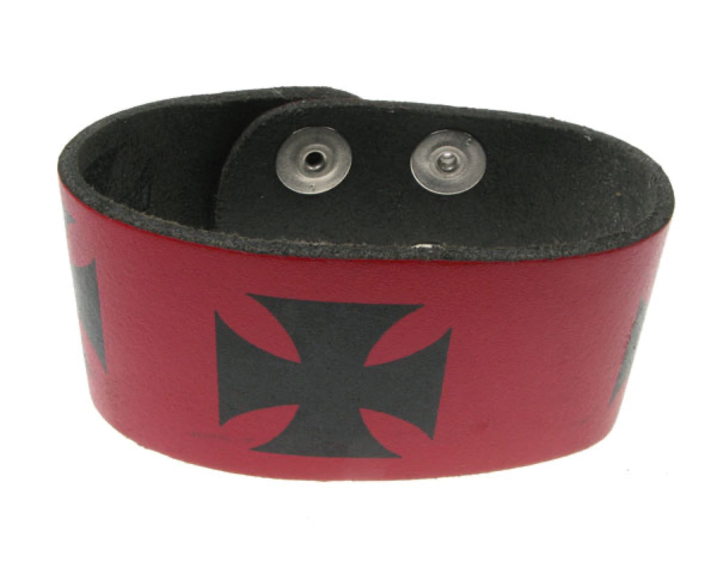 WB158 2 Row width german cross print Leather Wristband (Buttoned) - Red