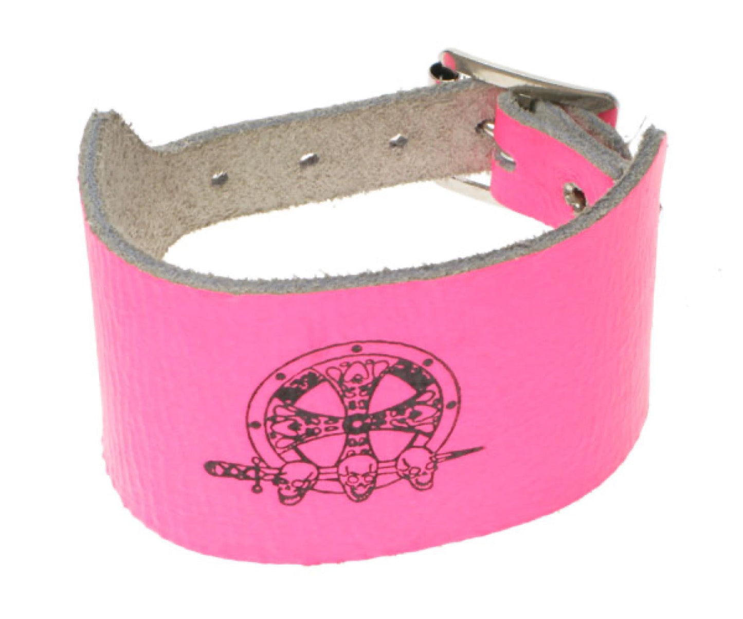 WB164 2 Row width 3 skull emblem print Leather Wristband - F.Pink