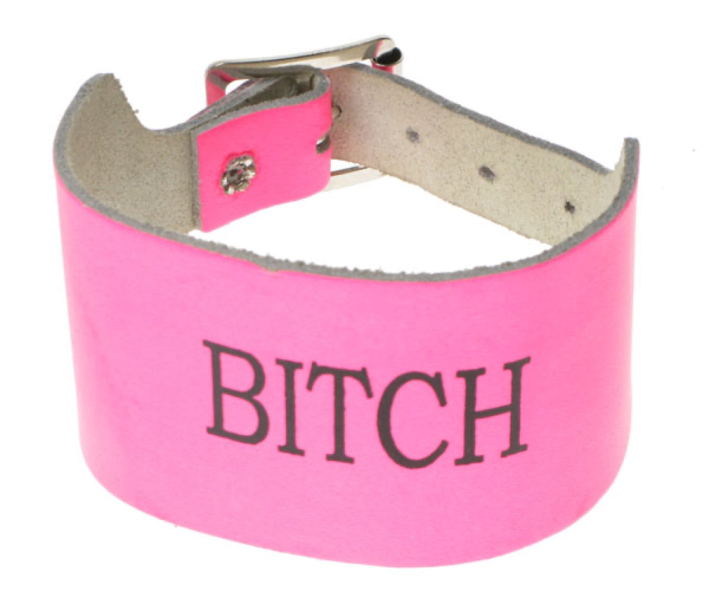 WB165 2 Row width bitch print Leather Wristband - F.Pink