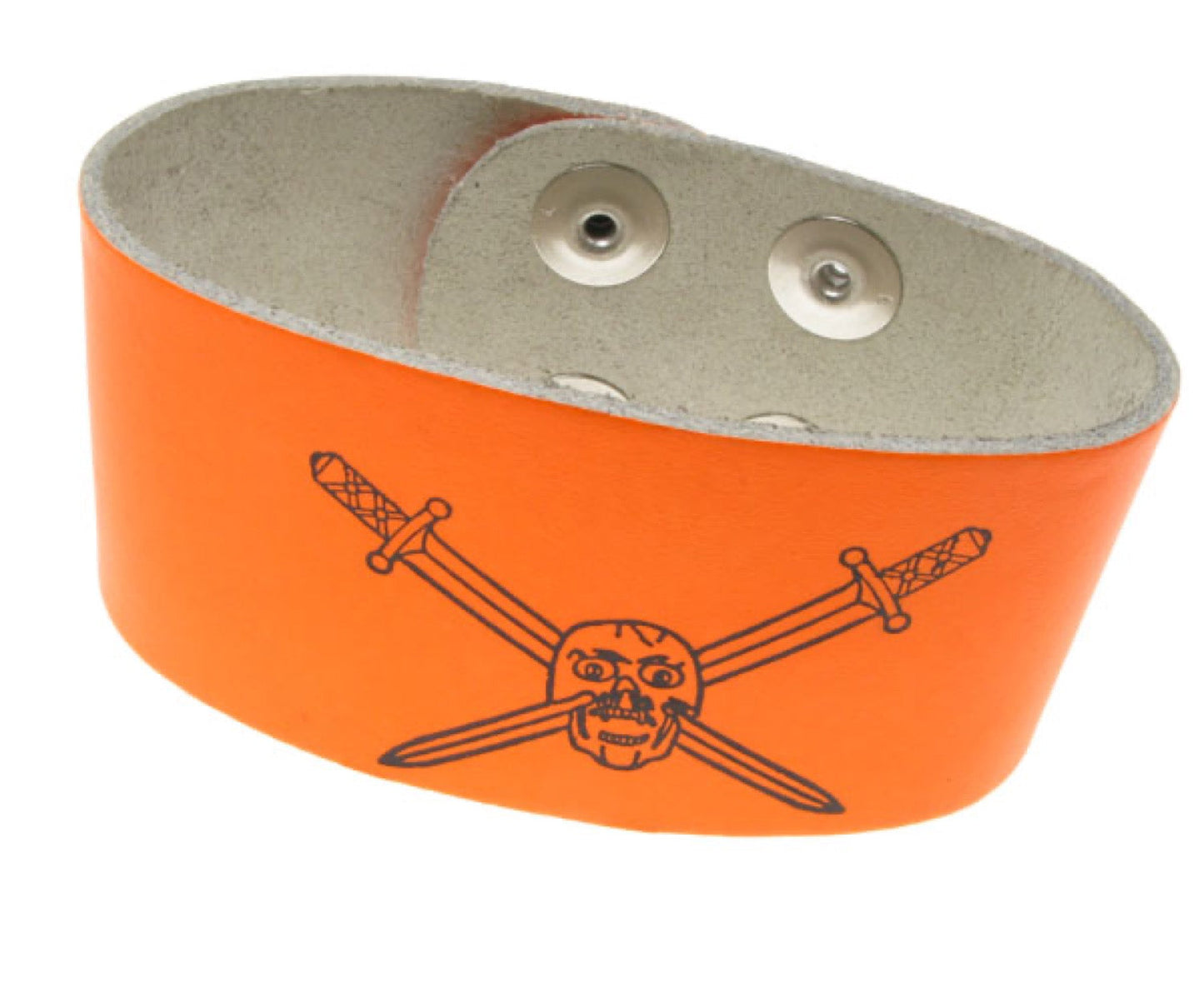 WB176 2 Row width long knife and skull print Leather Wristband - F.Orange
