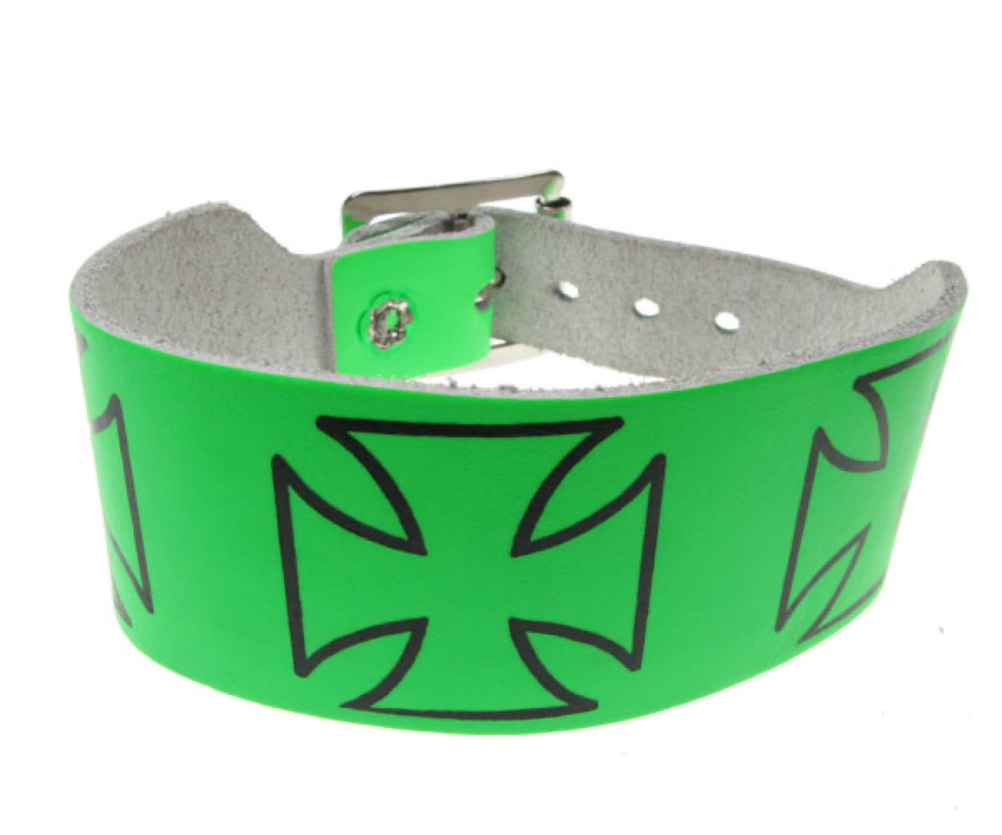 WB186 2 Row width 3 german crosss print Leather Wristband - F.Green