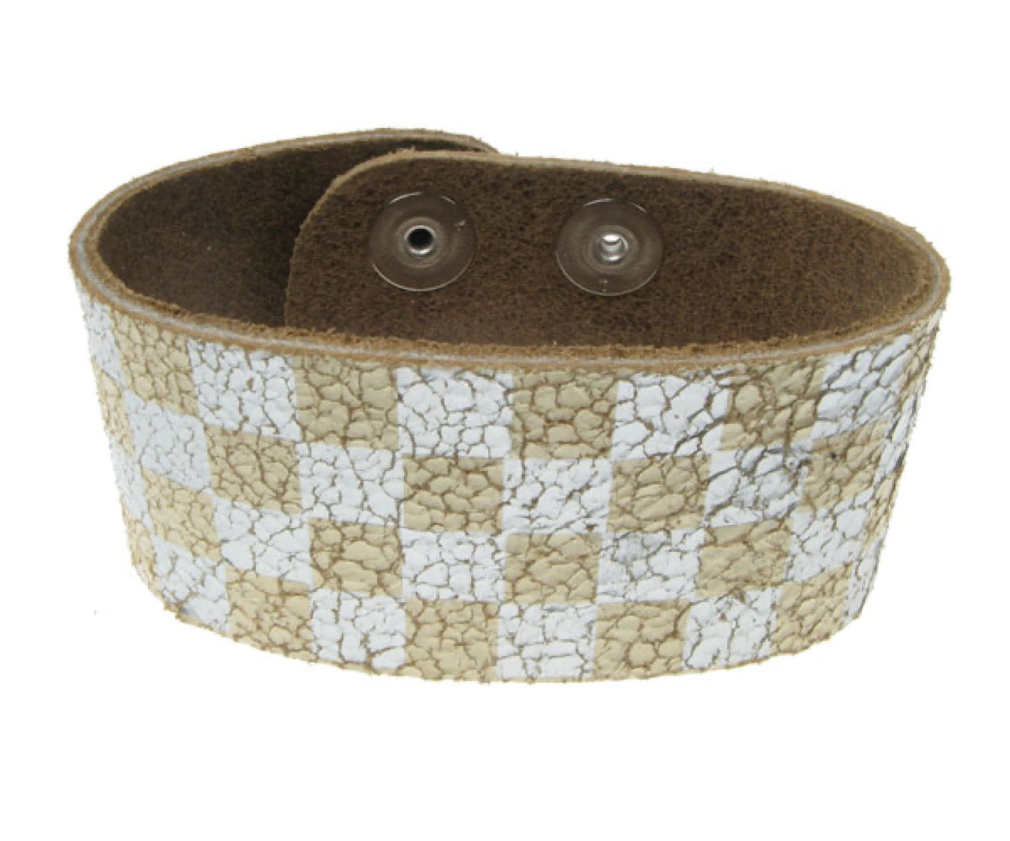 WB194 3 Row width Silver and Black Print Leather Wristband - Cracked Cream (Buttoned)