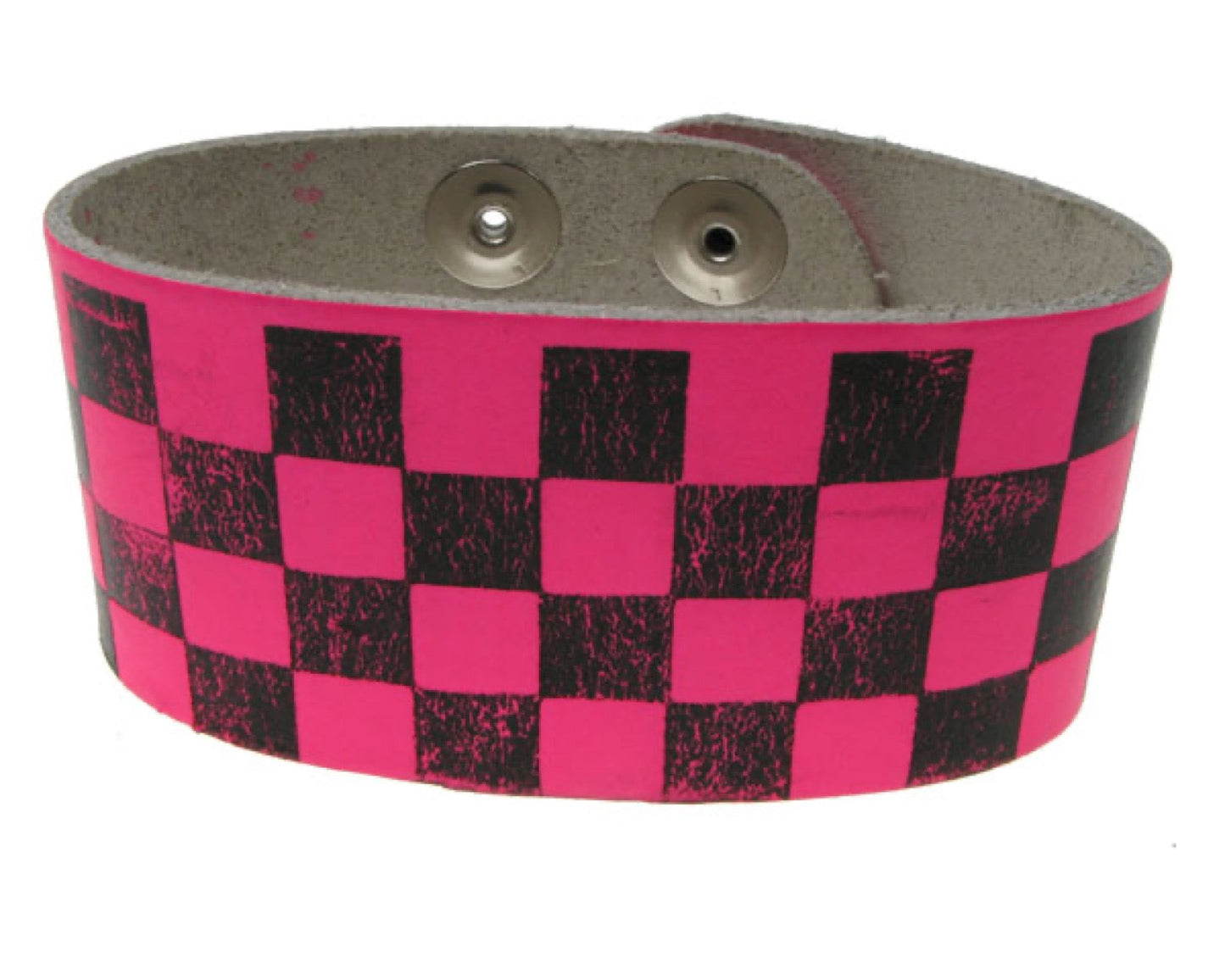 WB197 3 Row width Pink & Black checkered print Leather Wristband - F.Pink Buttoned