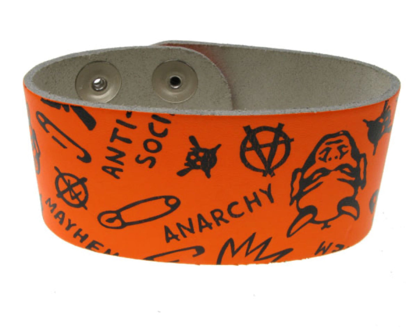 WB198 3 Row width Anarchy Print Leather Wristband - F.Orange Buttoned