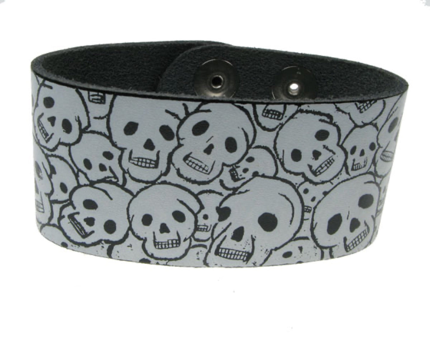 WB199 3 Row width Anarchy Print Leather Wristband - Black Buttoned