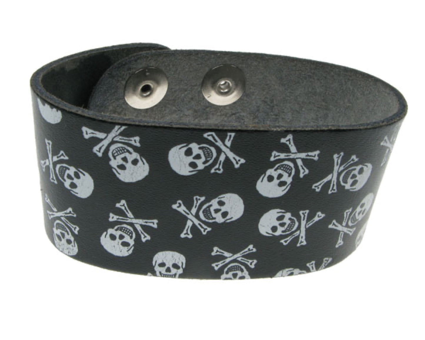 WB202 3 Row width Multiple Skull & Crossbones Print Leather Wristband (Buttoned) - Black
