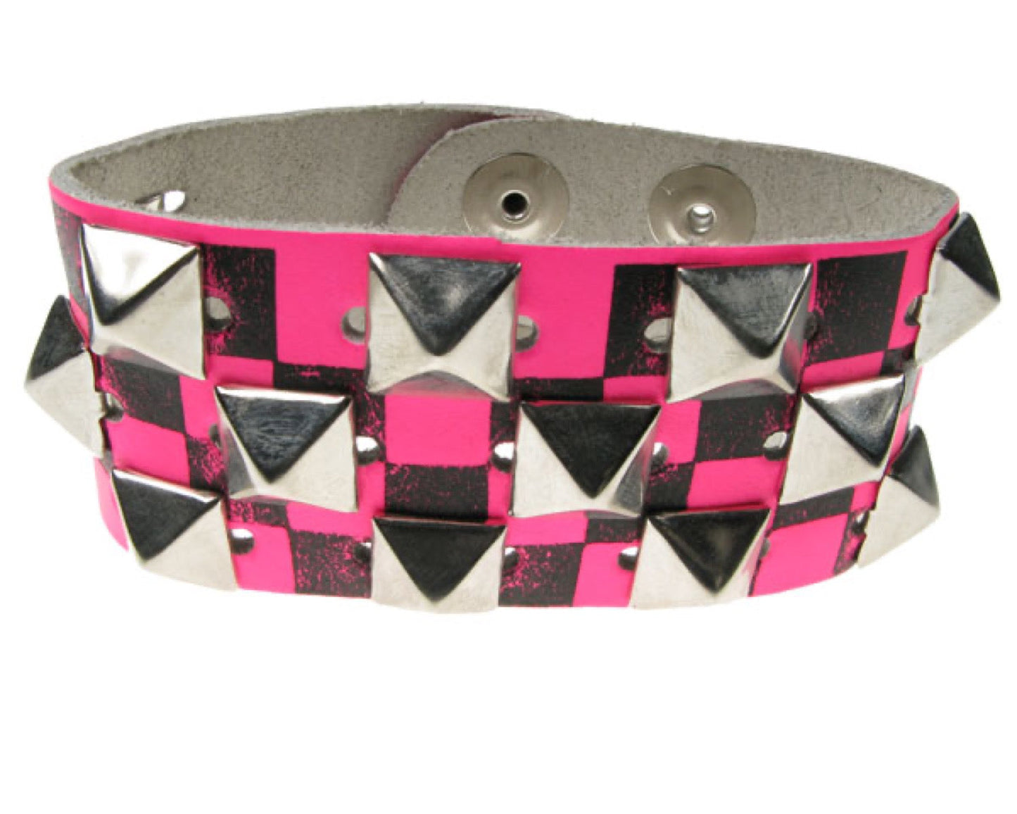 WB210 3 Row small pyramid check on pink & black checkered print with Leather Wristband (Buttoned)