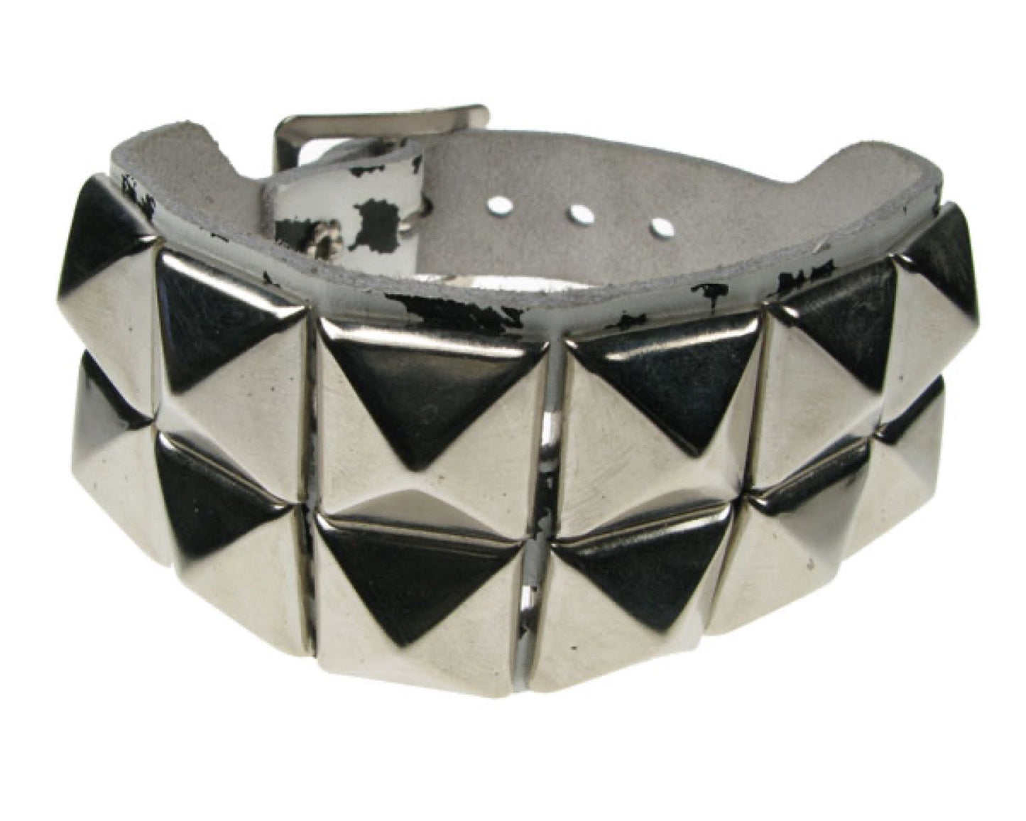 WB212 2 row pyramid on leopard print Leather Wristband - White