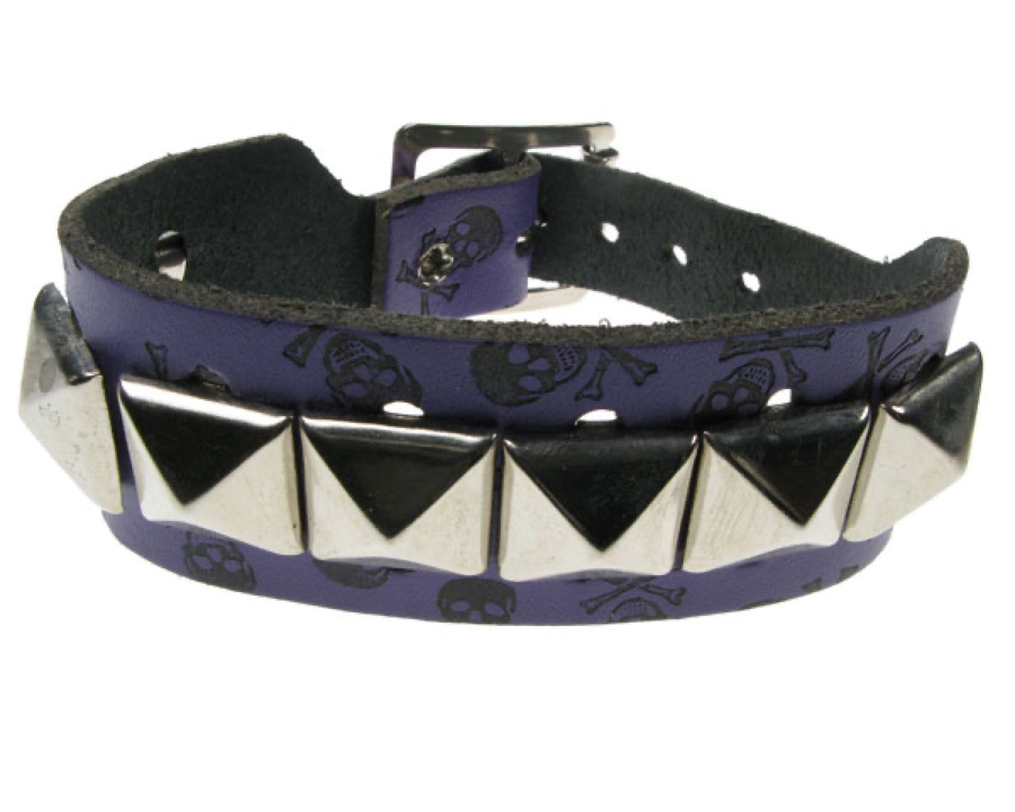 WB214 2 Row width - 1 Row Pyramid on skull & cross bone print Leather Wristband - Purple