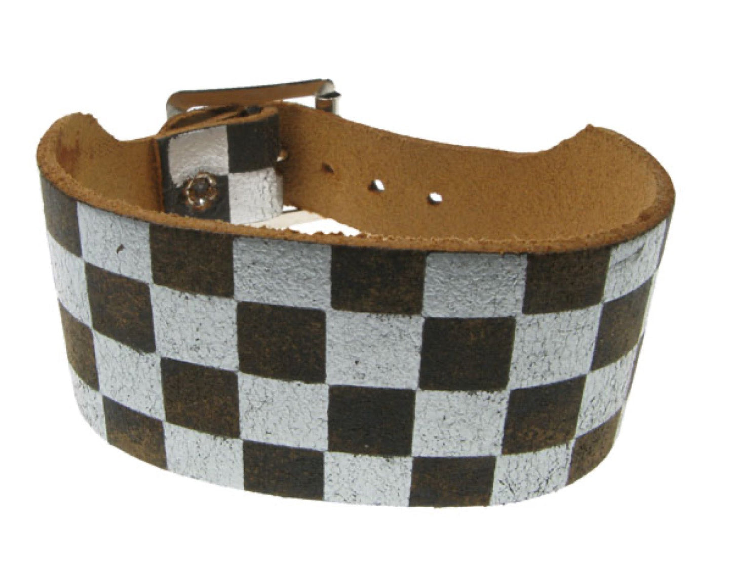 WB219 3 Row checkered print Leather Wristband - Stress Brown