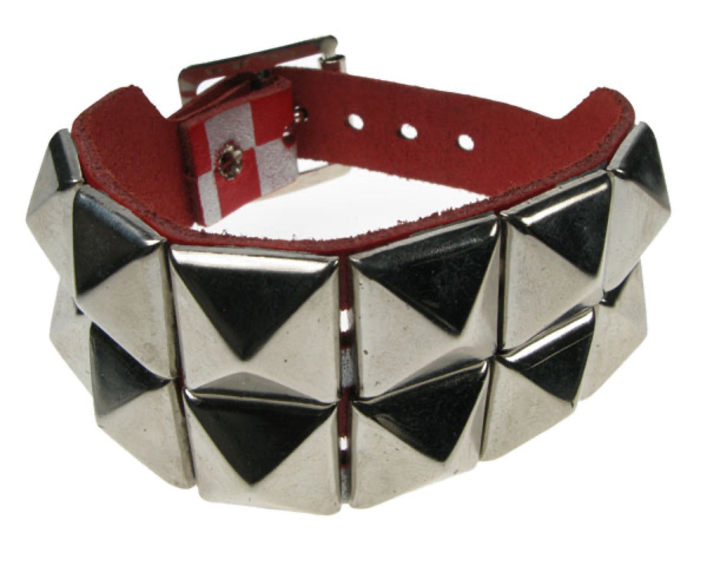 WB223 2 Row pyramid & checkered print Leather Wristband - Red