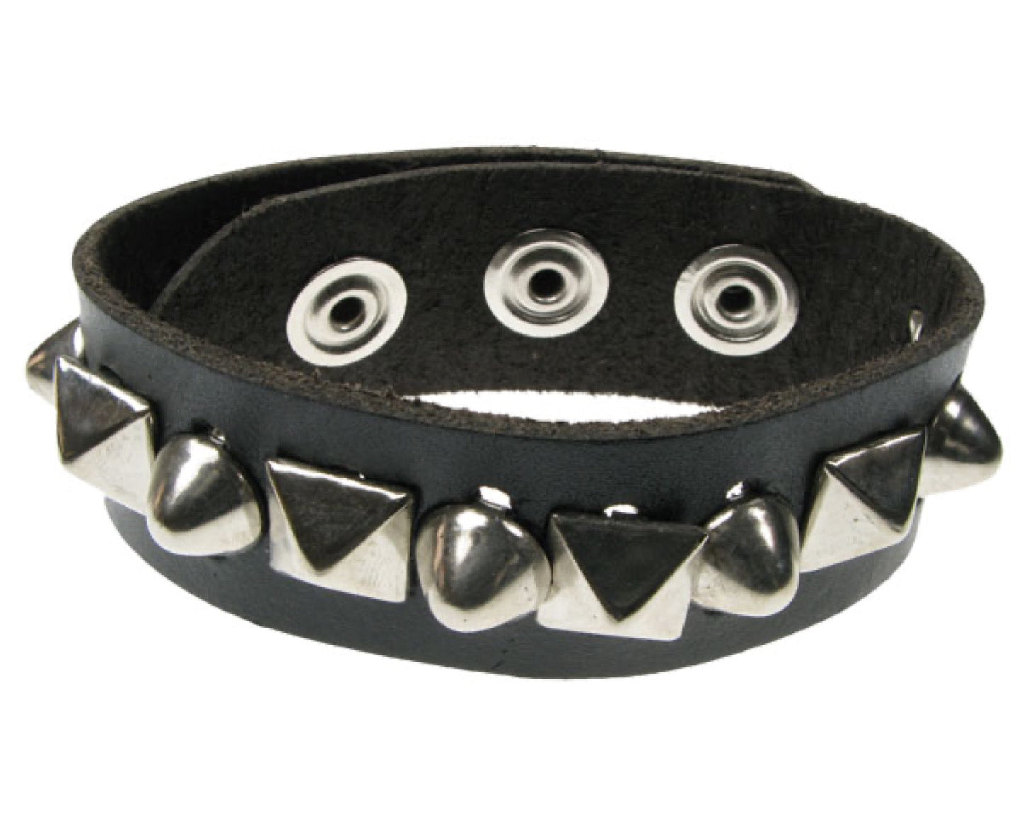 WB226 1 Row Small Pyramid Dome Conical press stud Leather Wristband Buttoned - Black