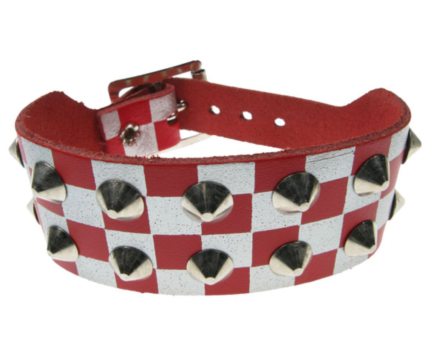 WB232 2 Row Conical & Checkered print Leather Wristband - Red