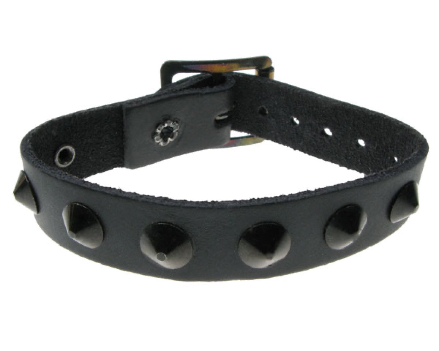 WB248 1 row black conical Leather Wristband - Black