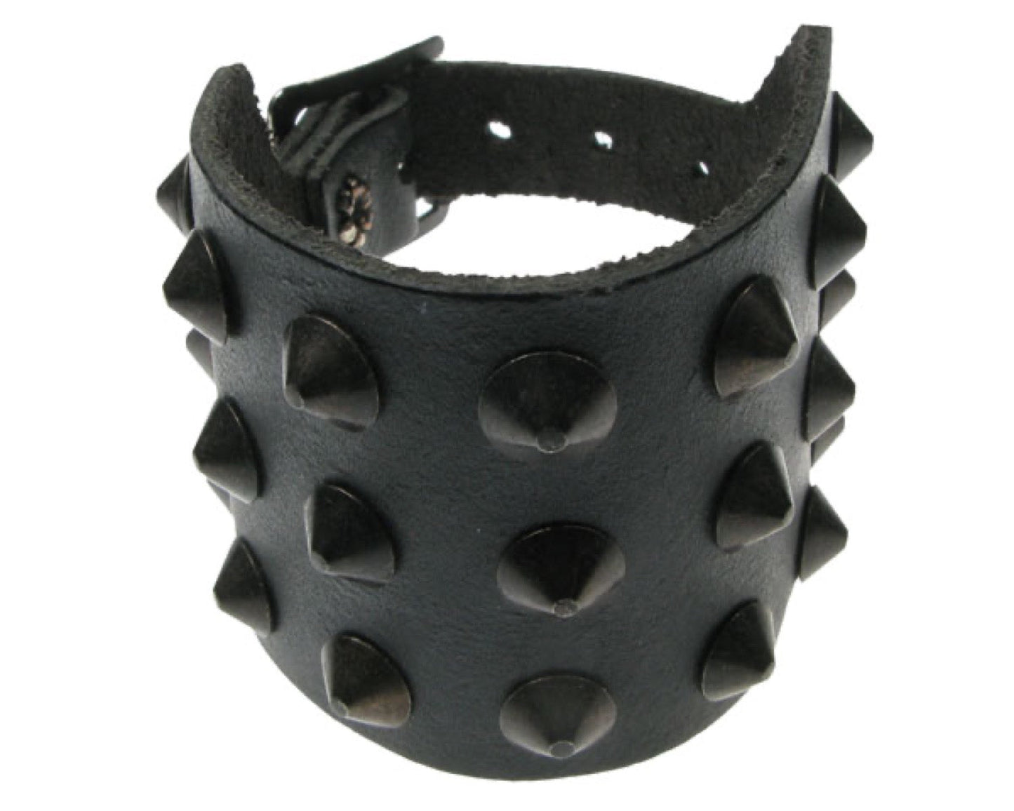 WB250 3 row black conical Leather Wristband - Black