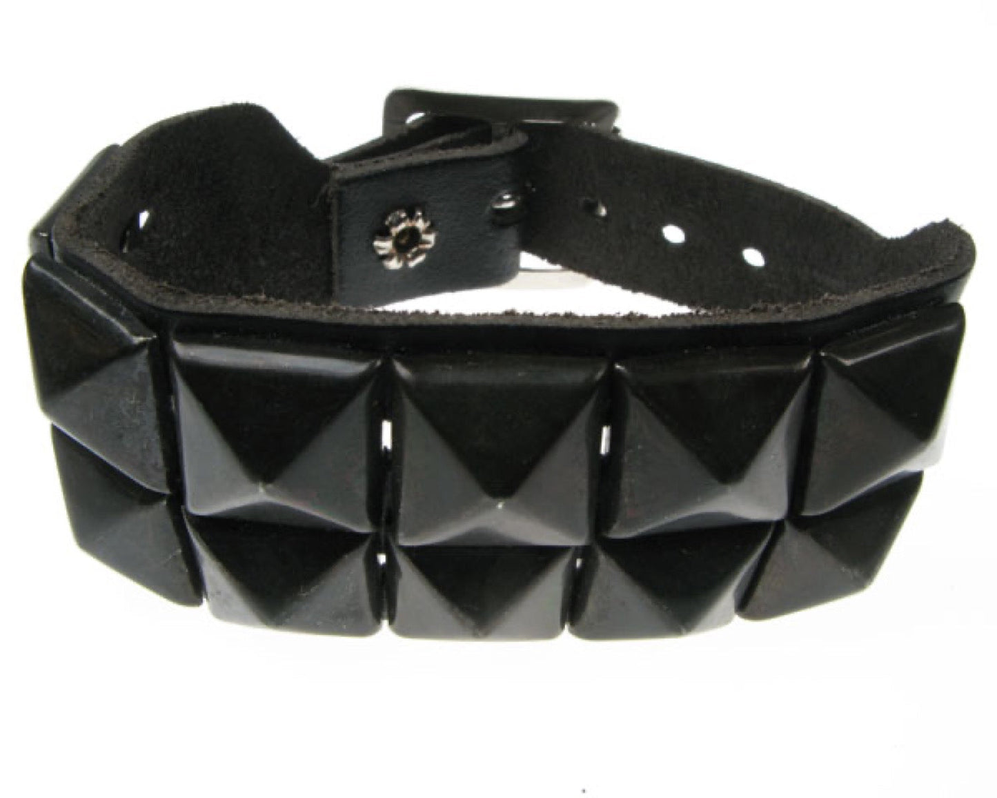 WB253 2 row black pyramid Leather Wristband - Black