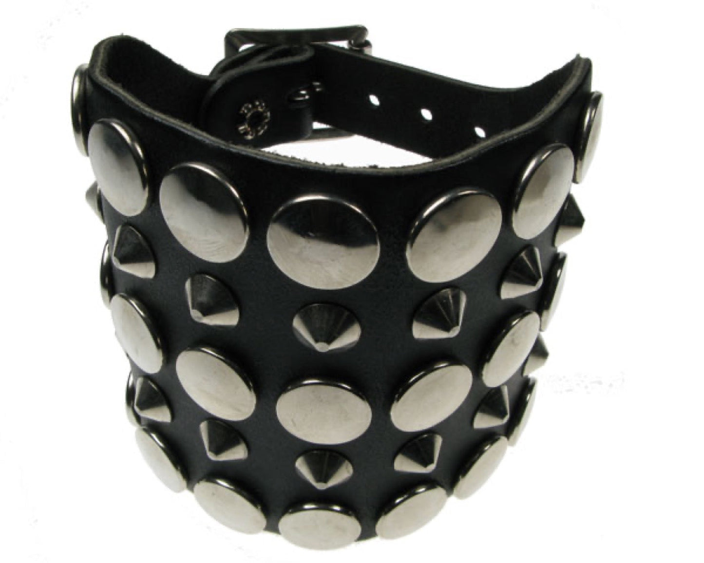 WB263 5 Row Button & Conical Leather Wristband - Black