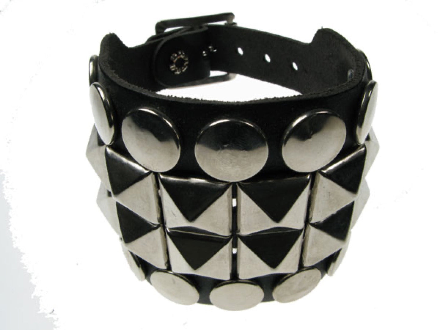 WB264 4 Row Button & New Pyramid Leather Wristband - Black
