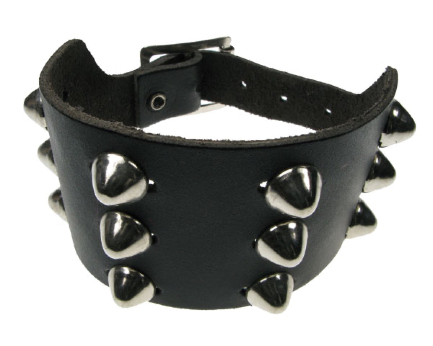 WB272 3 row dome conical Leather Wristband - Black