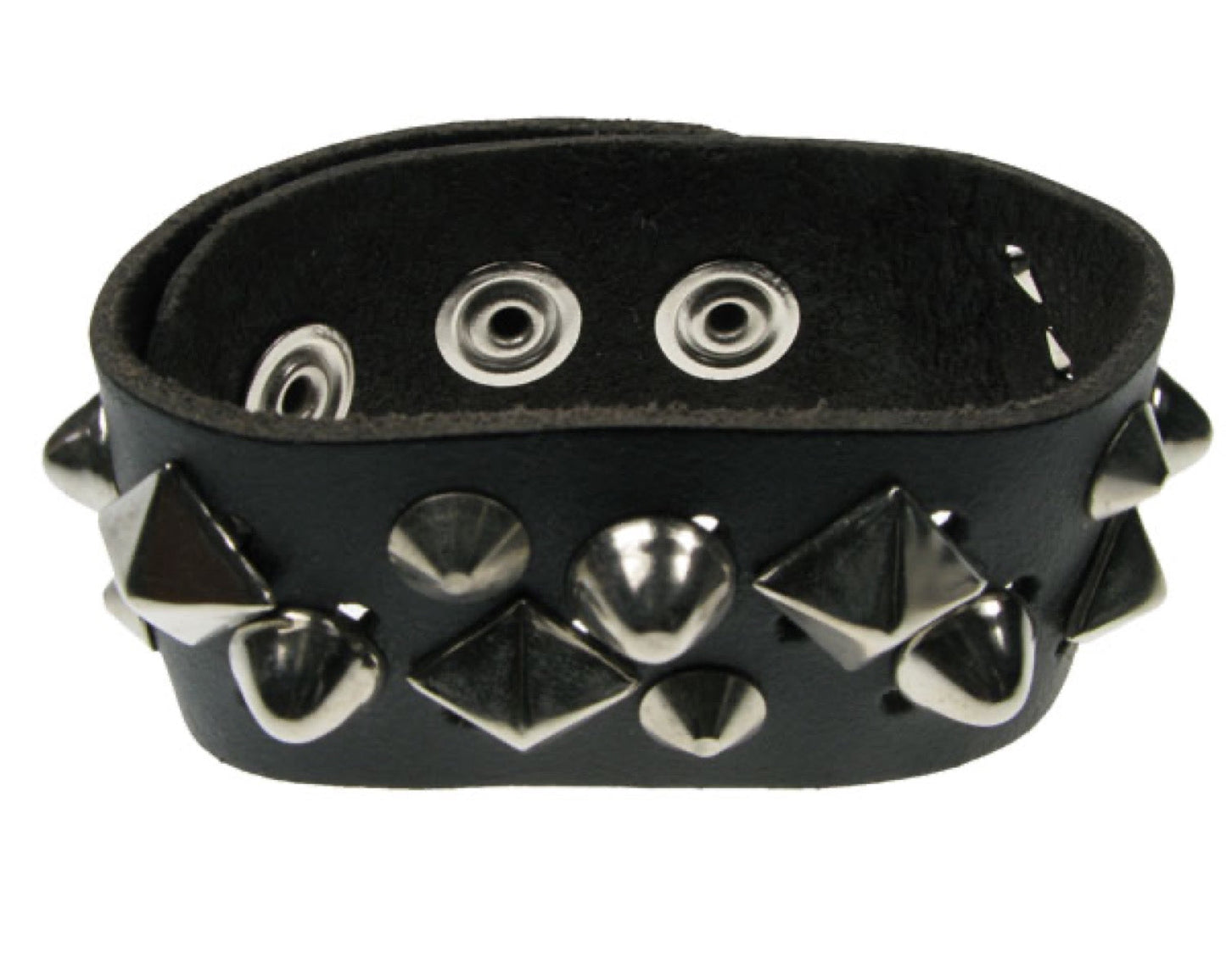 WB274 2 Row conical, dome conical & pyramid Leather Wristband - Black