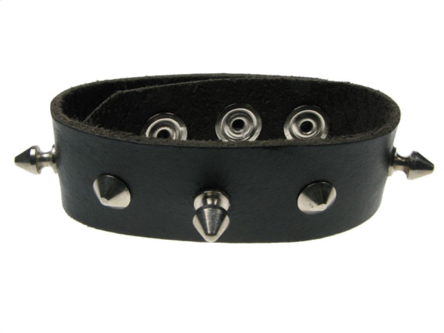 WB277 1 Row conical & spike Leather Wristband (Buttoned) - Black
