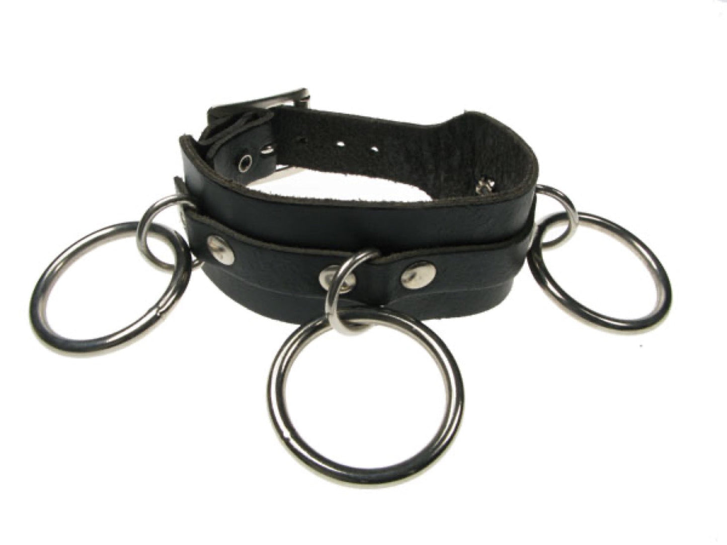 WB282 2 Row width 3 medium rings Leather Wristband - Black