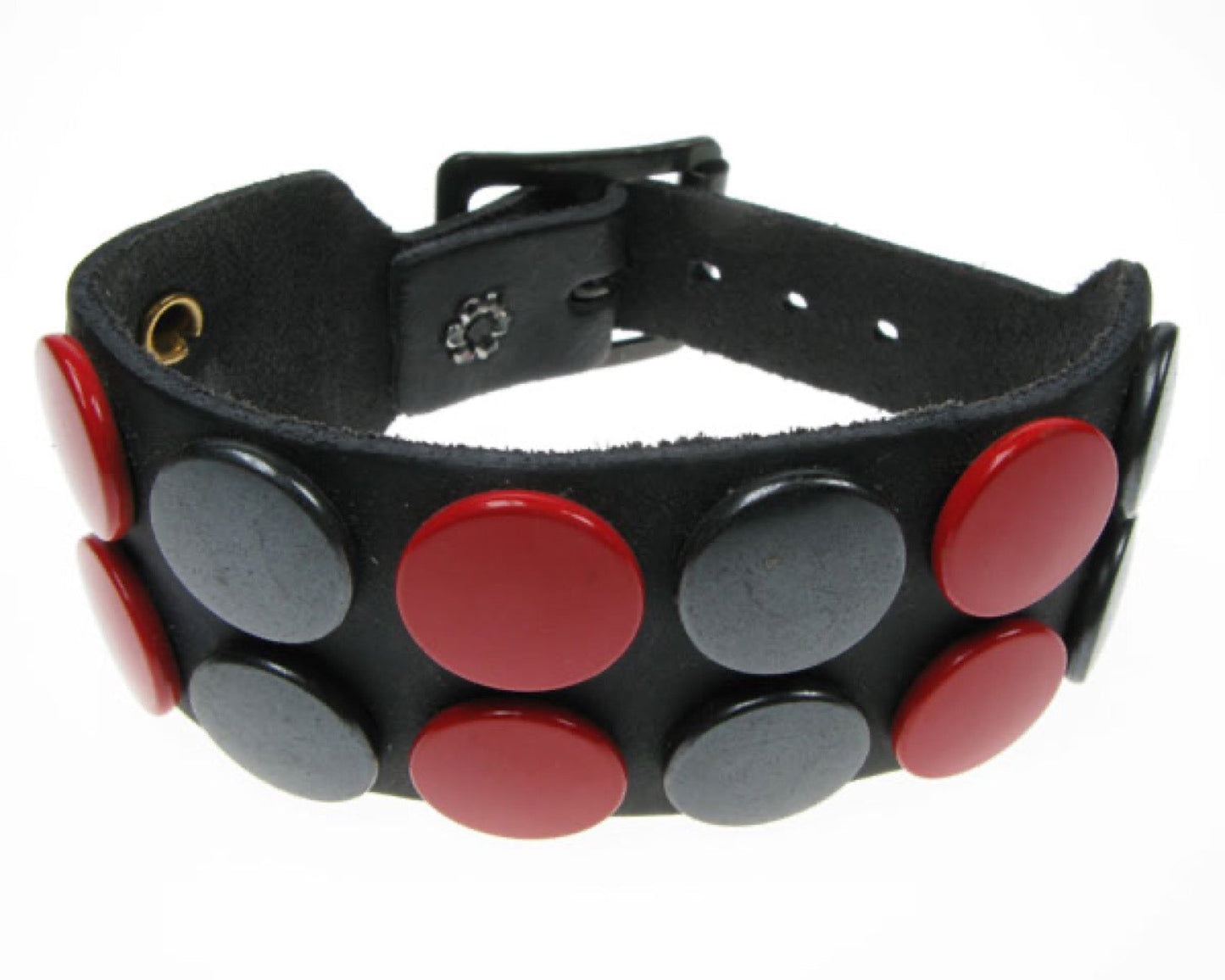 WB285 2 Row red & black button Leather Wristband - Black